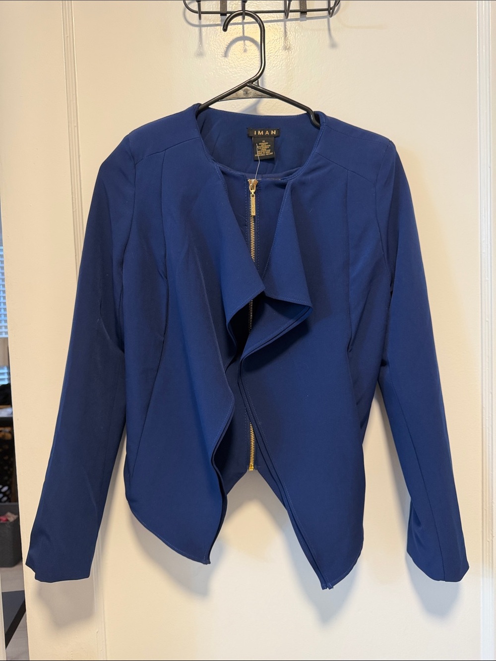 IMAN Navy Blue Waterfall Zip Blazer